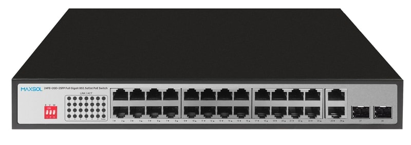 Switch PoE Gigabit Maxsol PS12402FG de 24 puertos con enlaces RJ45 y SFP