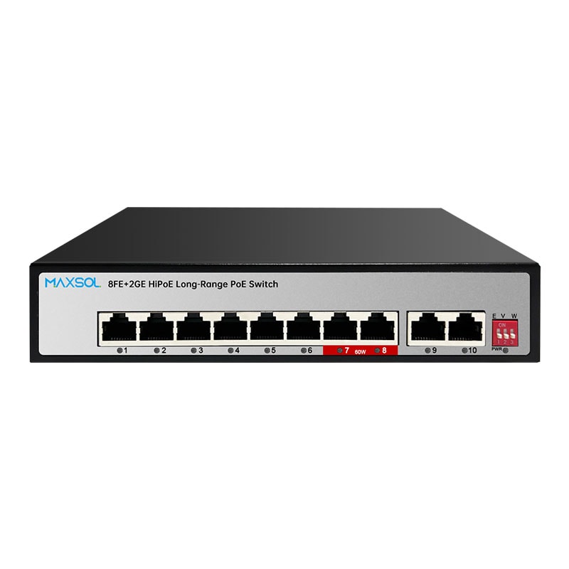Vista frontal del switch Maxsol PS1802GE con 8 puertos PoE y 2 puertos uplink Gigabit