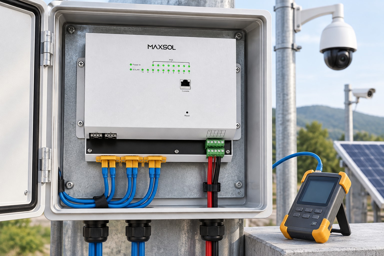 Switch PoE industrial solar Maxsol IOT2802SFG-S para sistemas de alimentación en corriente directa