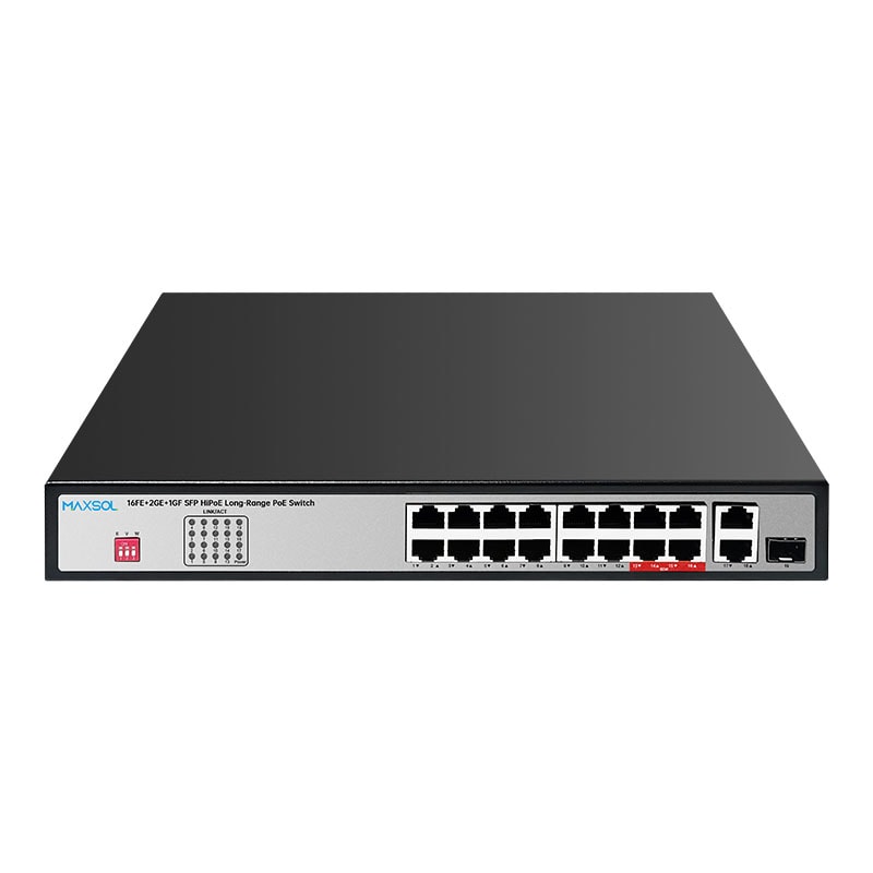 Switch PoE Maxsol PS11602FE con puertos Fast Ethernet, uplinks Gigabit y puerto SFP